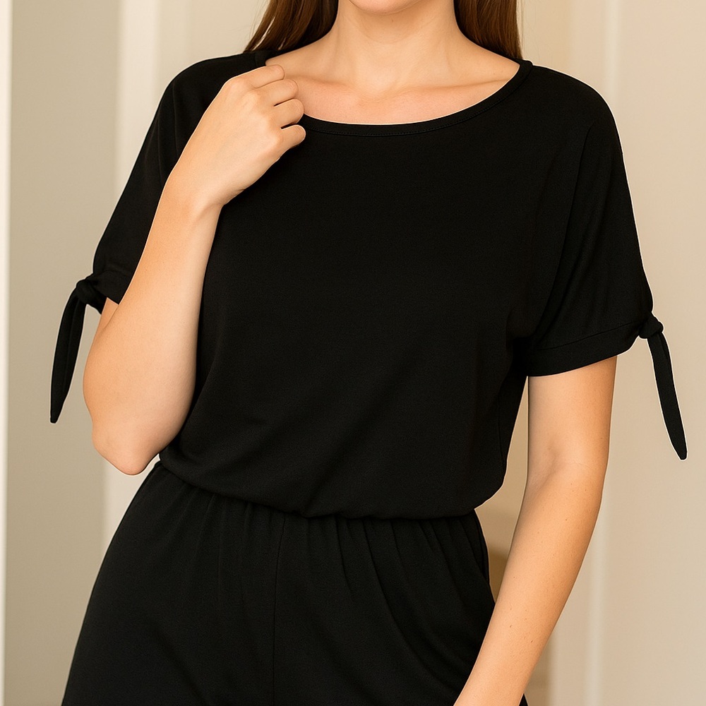 Lulus always lounging black tie sleeves romper with pockets size large NWOT - Picture 2 of 9